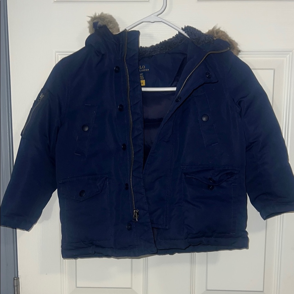 Polo Blue Puffer Jacket with Faux Fur Hood